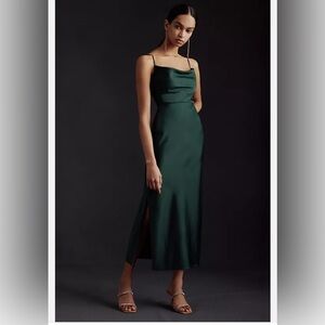 BHLDN Dark Emerald Green Cali Cowl Neck Satin Slip Dress